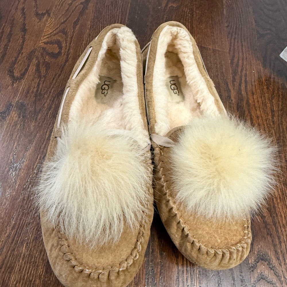 UGG Women's Brown Slippers with Cream Pom-Poms
